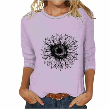 WXLWZYWL Fall Tops for Women 3/4 Sleeve Crewneck Cute Shirts Casual Trendy Daisy Print Blouses Casual T Shirt 2024