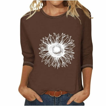 WXLWZYWL Fall Tops for Women 3/4 Sleeve Crewneck Cute Shirts Casual Trendy Daisy Print Blouses Casual T Shirt 2024