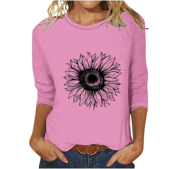 WXLWZYWL Fall Tops for Women 3/4 Sleeve Crewneck Cute Shirts Casual Trendy Daisy Print Blouses Casual T Shirt 2024
