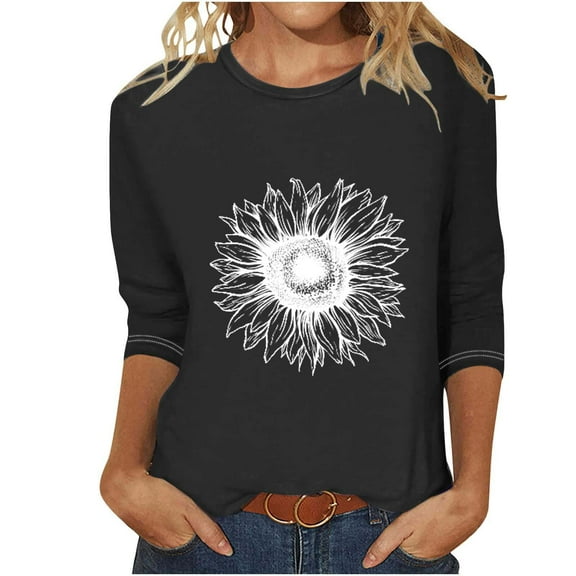 WXLWZYWL Fall Tops for Women 3/4 Sleeve Crewneck Cute Shirts Casual Trendy Daisy Print Blouses Casual T Shirt 2024