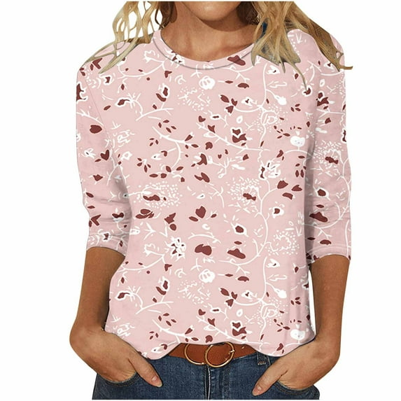 WXLWZYWL Fall Tops for Women 3/4 Sleeve Crewneck Cute Shirts Casual Trendy Daisy Print Blouses Casual T Shirt 2024