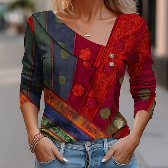 WXLWZYWL Fall Tops for Women Long Sleeve Collared V Neck Womens Button Down Color Block Blouse Casual Loose Fall Clothes