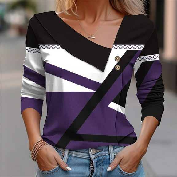 WXLWZYWL Fall Tops for Women Long Sleeve Collared V Neck Womens Button Down Color Block Blouse Casual Loose Fall Clothes