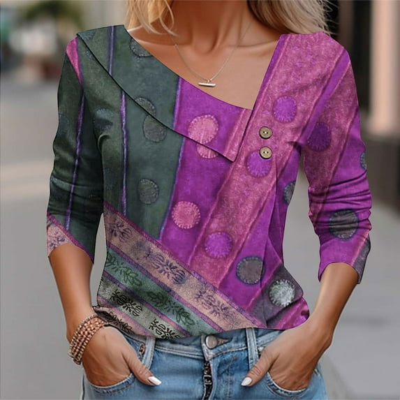 WXLWZYWL Fall Tops for Women Long Sleeve Collared V Neck Womens Button Down Color Block Blouse Casual Loose Fall Clothes