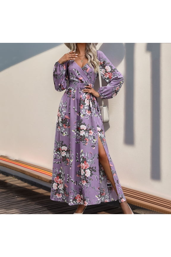 Fall Winter Dresses for Women 2024 Women's Fall Dress Long Sleeve Maxi Dress 2024 Trendy Plus Size V-Neck Holiday Casual Floral Printed Split Dress