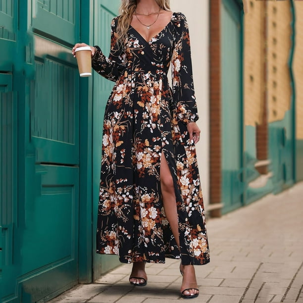 ladies winter dresses sale online WXLWZYWL Fall for Women 2024 Women's Fall Dress Long Sleeve Maxi Dress 2024 Trendy Plus Size V-Neck Holiday Casual Floral Printed Split Dress Material: Silk