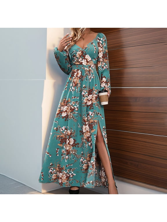 Fall Winter Dresses for Women 2024 Women's Fall Dress Long Sleeve Maxi Dress 2024 Trendy Plus Size V-Neck Holiday Casual Floral Printed Split Dress