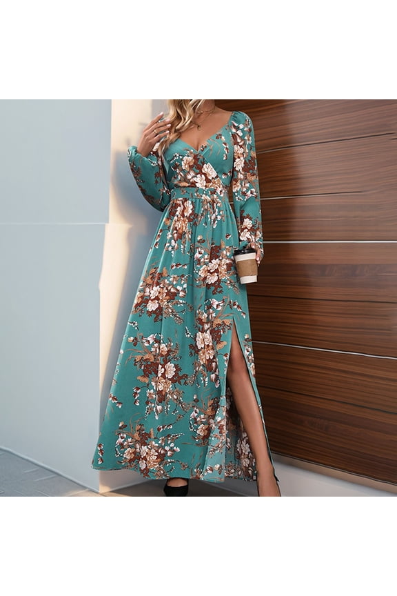 Fall Winter Dresses for Women 2024 Women's Fall Dress Long Sleeve Maxi Dress 2024 Trendy Plus Size V-Neck Holiday Casual Floral Printed Split Dress