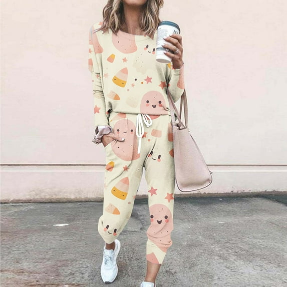WXLWZYWL Fall Winter Saving Clothes for Women Women's Casual Sports Suits Pajama Set 2PC Sleepwear Casual Halloween Pumpkin Ghost Printed Long Sleeve Crew Neck Top and Pants Suit Pajama Set