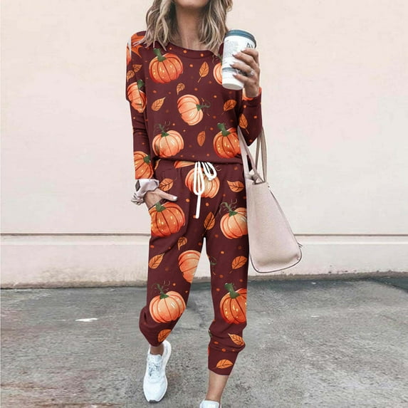 WXLWZYWL Fall Winter Saving Clothes for Women Women's Casual Sports Suits Pajama Set 2PC Sleepwear Casual Halloween Pumpkin Ghost Spider Printed Long Sleeve Crew Neck Top and Pants Suit Pajama Set