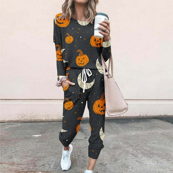 WXLWZYWL Fall Winter Saving Clothes for Women Women's Casual Sports Suits Pajama Set 2PC Sleepwear Casual Halloween Pumpkin Printed Long Sleeve Crew Neck Top and Pants Suit Pajama Set