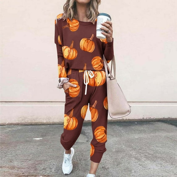 WXLWZYWL Fall Winter Saving Clothes for Women Women's Casual Sports Suits Pajama Set 2PC Sleepwear Casual Halloween Pumpkin Ghost Spider Printed Long Sleeve Crew Neck Top and Pants Suit Pajama Set