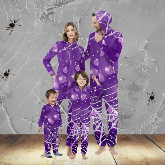 WXLWZYWL Family Halloween Pajamas Matching Sets Halloween Costumes 2024 Family Halloween Pumpkin Spider Bat Ghost Printed Pajamas Funny Zipper Hooded Jumpsuit Pjs Matching Onesie