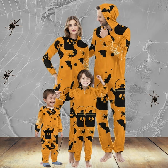 WXLWZYWL Family Halloween Pajamas Matching Sets Halloween Costumes 2024 Family Halloween Pumpkin Spider Ghost Printed Pajamas Funny Zipper Hooded Jumpsuit Pjs Matching Onesie