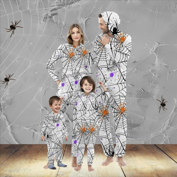 WXLWZYWL Family Halloween Pajamas Matching Sets Halloween Costumes 2024 Family Halloween Pumpkin Spider Ghost Printed Pajamas Funny Zipper Hooded Jumpsuit Pjs Matching Onesie