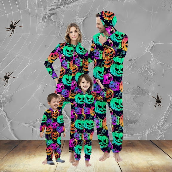 WXLWZYWL Family Halloween Pajamas Matching Sets Halloween Costumes 2024 Family Halloween Pumpkin Spider Ghost Printed Pajamas Funny Zipper Hooded Jumpsuit Pjs Matching Onesie