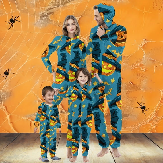 WXLWZYWL Family Halloween Pajamas Matching Sets Halloween Costumes 2024 Family Halloween Pumpkin Spider Web Ghost Pajamas Funny Zipper Hooded Jumpsuit Pjs Matching Onesie