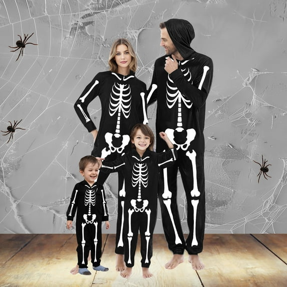 WXLWZYWL Family Halloween Pajamas Matching Sets Pullover Hoodies & Long Pants Halloween Skeleton Pajamas Funny Zipper Hooded Jumpsuit Pjs Matching Onesie Halloween Costumes