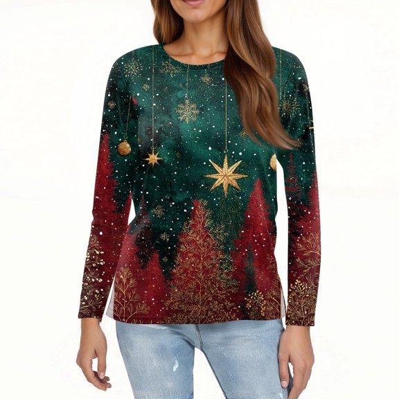 WXLWZYWL Fashion Womens Casual Long Sleeve Printing Round Neck Loose T-Shirt Blouse Tops Christmas