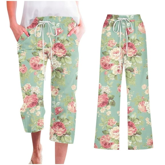WXLWZYWL Floral Print Capri Pants for Women Plus Size Loose Elastic Waist Drawstring Vintage Trousers Straight Pockets Slim Fit Pants Daily Casual Pants