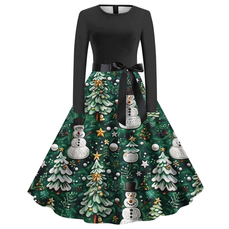 slim fit dress slacks Green & White 1950s Christmas Lapel Dress