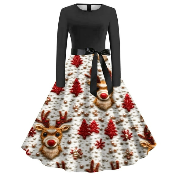 WXLWZYWL Formal Dresses for Women 2024 Christmas The Santa Claus Print Flare Dress Long Sleeve Hollow Party Tea Dresses