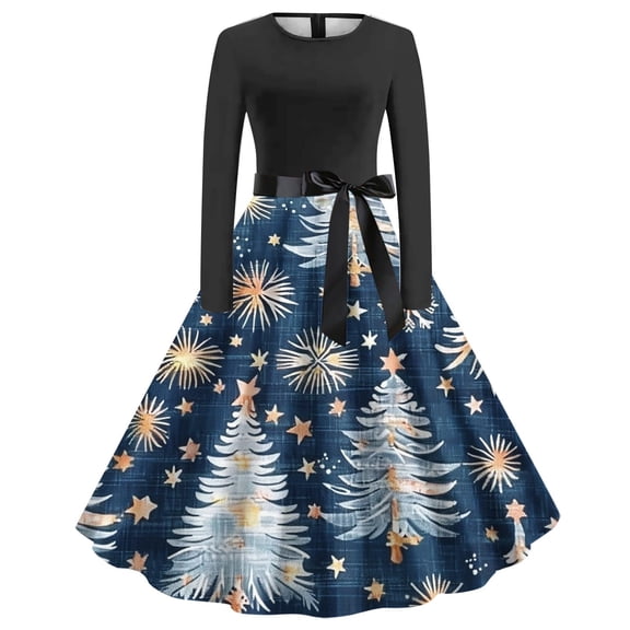 WXLWZYWL Formal Dresses for Women 2024 Christmas The Santa Claus Print Flare Dress Long Sleeve Hollow Party Tea Dresses