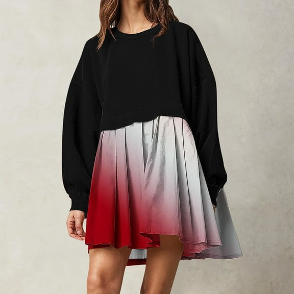 WXLWZYWL Free Shipping Sweatshirt Dresses For Women 2024 Tie Dye/Plaid/Striped Pleated Hem Pullover Tops Long Sleeve Crewneck Gradient Sweatshirt Dress