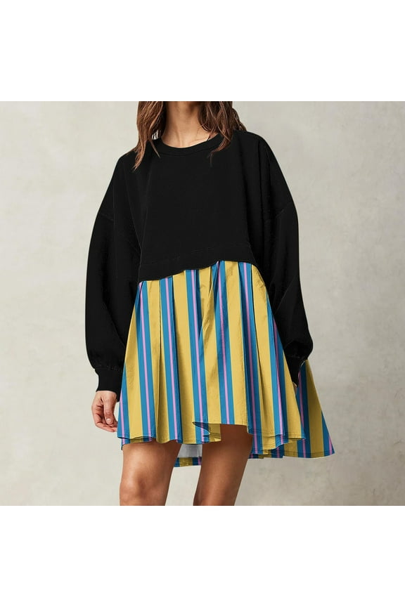 Free Shipping Sweatshirt Dresses For Women 2024 Tie Dye/Plaid/Striped Pleated Hem Pullover Tops Long Sleeve Crewneck Gradient Sweatshirt Dress