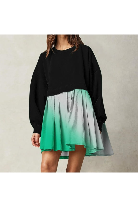 Free Shipping Sweatshirt Dresses For Women 2024 Tie Dye/Plaid/Striped Pleated Hem Pullover Tops Long Sleeve Crewneck Gradient Sweatshirt Dress
