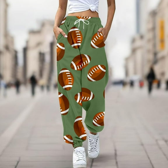 WXLWZYWL Game Day Pants for Women Drawstring Rugbyin Print Fleece Joggers High Waist Wide Leg Cinch Bottom Athletic Trendy Pants
