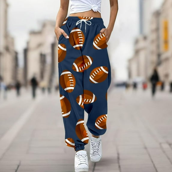 WXLWZYWL Game Day Pants for Women Drawstring Rugbyin Print Fleece Joggers High Waist Wide Leg Cinch Bottom Athletic Trendy Pants