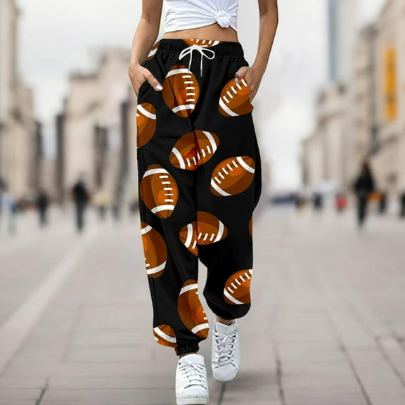 WXLWZYWL Game Day Pants for Women Drawstring Rugbyin Print Fleece Joggers High Waist Wide Leg Cinch Bottom Athletic Trendy Pants
