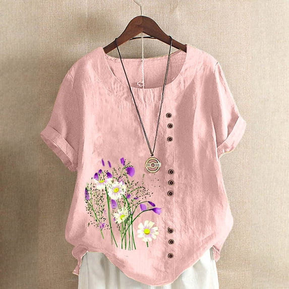 WXLWZYWL Graphic Top for Women Plus Size Cotton Linen Flower Printing Tops Shirt Crewneck Multi Color Plus Size Loose Summer Tees with Button