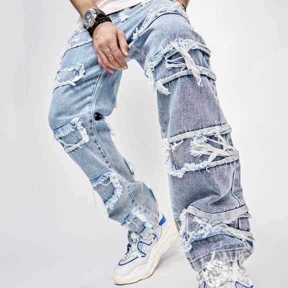 WXLWZYWL Grunge Pants Baggy Men's Ripped Jeans Y2k Hip Hop Denim Pants Trendy Pants Straight Leg Skinny Slim Fit Biker Jeans