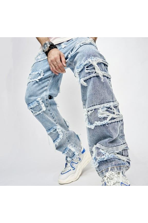 Grunge Pants Baggy Men's Ripped Jeans Y2k Hip Hop Denim Pants Trendy Pants Straight Leg Skinny Slim Fit Biker Jeans