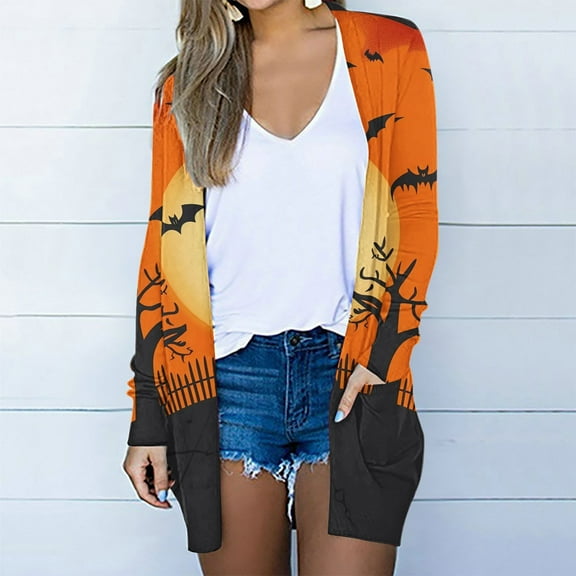 WXLWZYWL Halloween Cardigan for Women Halloween Printed Cardigans Trendy Soft Embroidery Suit Open Blouses Casual Comfy Long Sleeve Cardigan