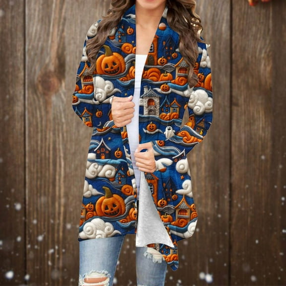 WXLWZYWL Halloween Cardigan for Women Plus Size Long Open Front Cardigans Halloween Pumpkin Pattern Cardigan Bat Cardigan