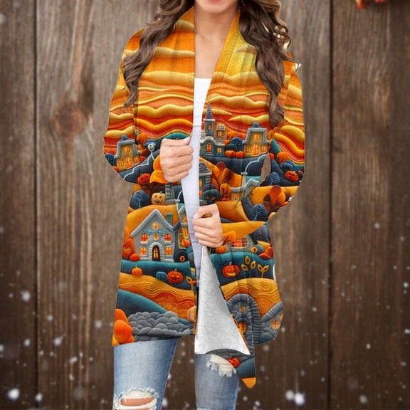WXLWZYWL Halloween Cardigan for Women Plus Size Long Open Front Cardigans Halloween Pumpkin Pattern Cardigan Bat Cardigan