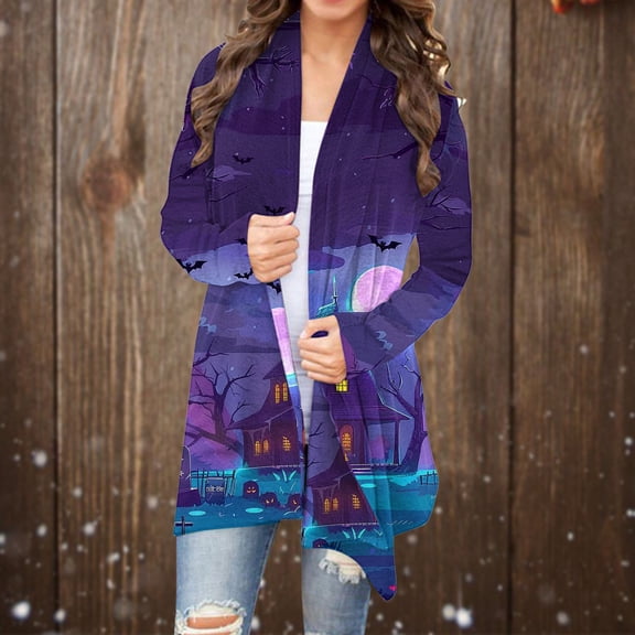 WXLWZYWL Halloween Cardigan for Women Plus Size Long Open Front Cardigans Halloween Pumpkin Pattern Cardigan Bat Cardigan
