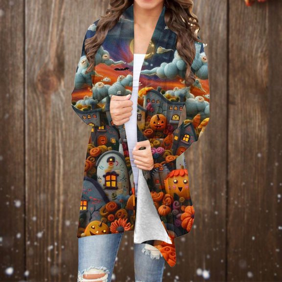WXLWZYWL Halloween Cardigan for Women Plus Size Long Open Front Cardigans Halloween Pumpkin Pattern Cardigan Bat Cardigan