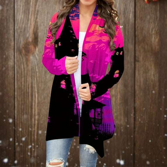 WXLWZYWL Halloween Cardigan for Women Plus Size Long Open Front Cardigans Halloween Pumpkin Pattern Cardigan Bat Cardigan