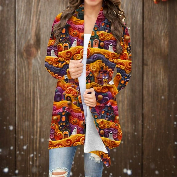 WXLWZYWL Halloween Cardigan for Women Plus Size Long Open Front Cardigans Halloween Pumpkin Pattern Cardigan Bat Cardigan
