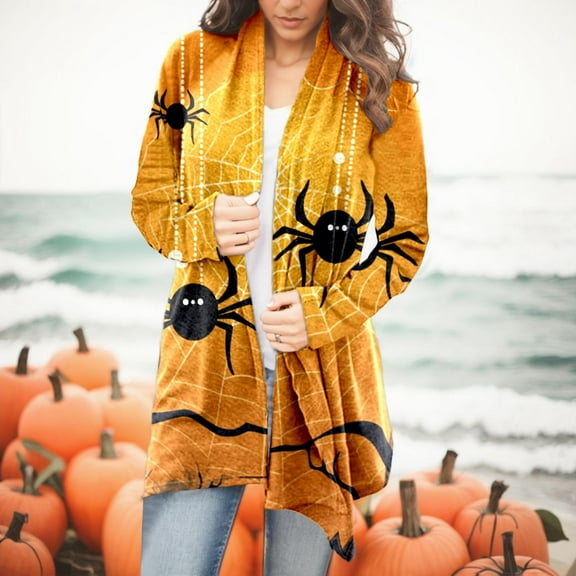 WXLWZYWL Halloween Cardigans for Women 2024 Pumpkin Lightweight Fall Oversized Cardigans Knitted Long Sleeve Trendy