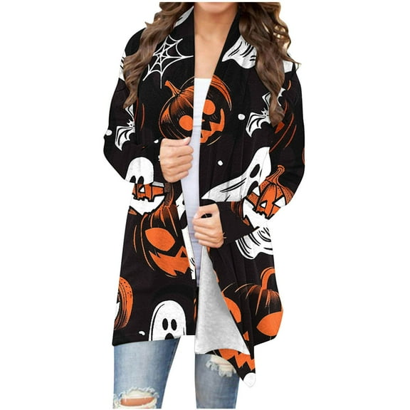WXLWZYWL Halloween Cardigans for women 2024 Ghost Pumpkin Bat Spide Web Witch Graphic Coats Long Sleeve Lightweight Tops Open Front Fall Jackets