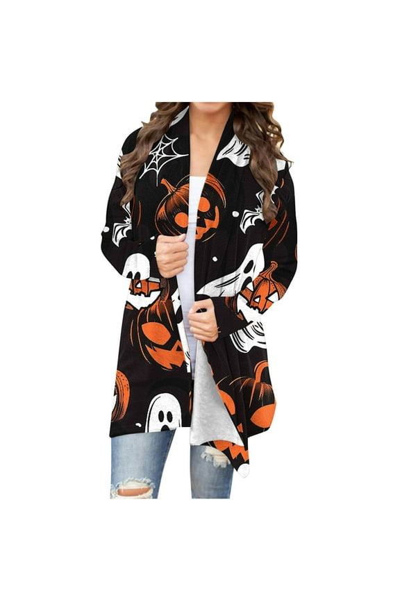 Halloween Cardigans for women 2024 Ghost Pumpkin Bat Spide Web Witch Graphic Coats Long Sleeve Lightweight Tops Open Front Fall Jackets