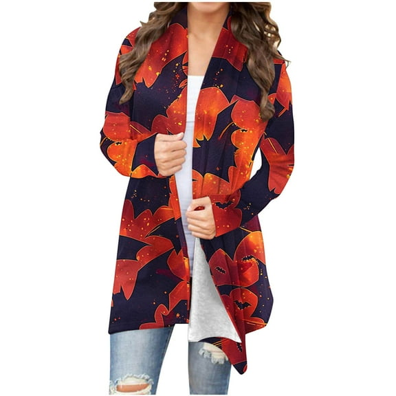 WXLWZYWL Halloween Cardigans for women 2024 Ghost Pumpkin Bat Spide Web Witch Graphic Coats Long Sleeve Lightweight Tops Open Front Fall Jackets