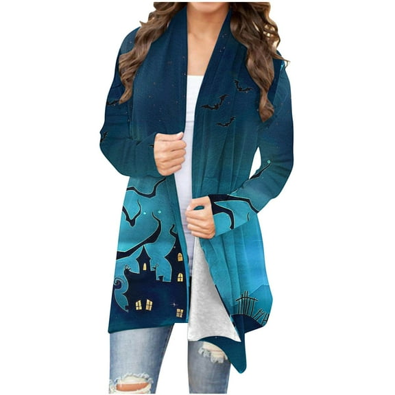 WXLWZYWL Halloween Cardigans for women 2024 Ghost Pumpkin Bat Spide Web Witch Graphic Coats Long Sleeve Lightweight Tops Open Front Fall Jackets