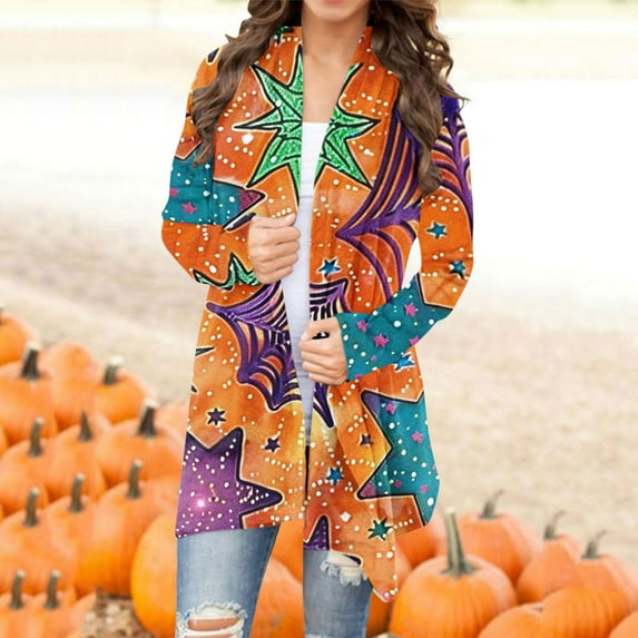 WXLWZYWL Halloween Cardigans for women 2024 Ghost Pumpkin Bat Spide Web Witch Graphic Coats Long Sleeve Lightweight Tops Open Front Fall Jackets