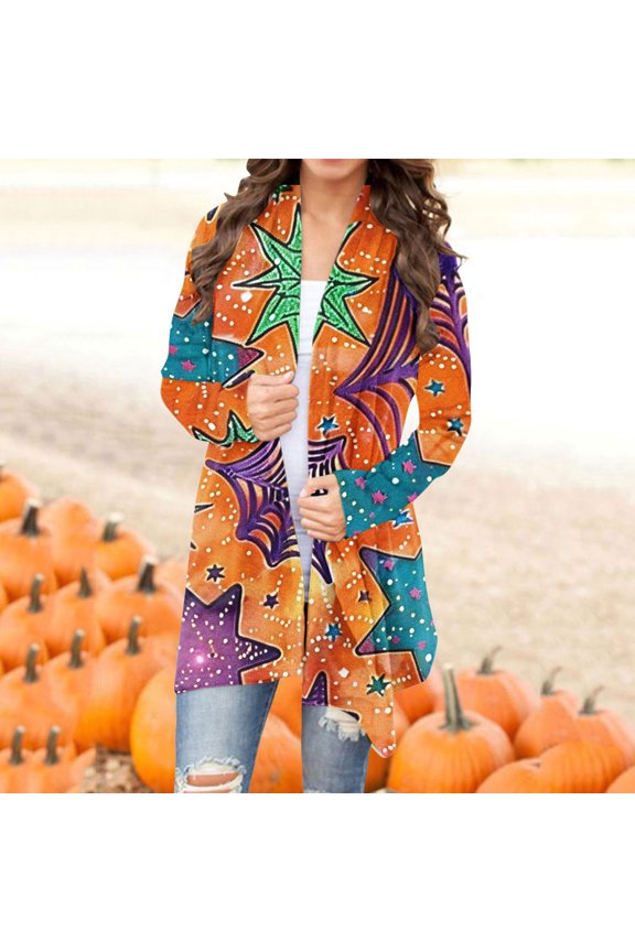 Halloween Cardigans for women 2024 Ghost Pumpkin Bat Spide Web Witch Graphic Coats Long Sleeve Lightweight Tops Open Front Fall Jackets